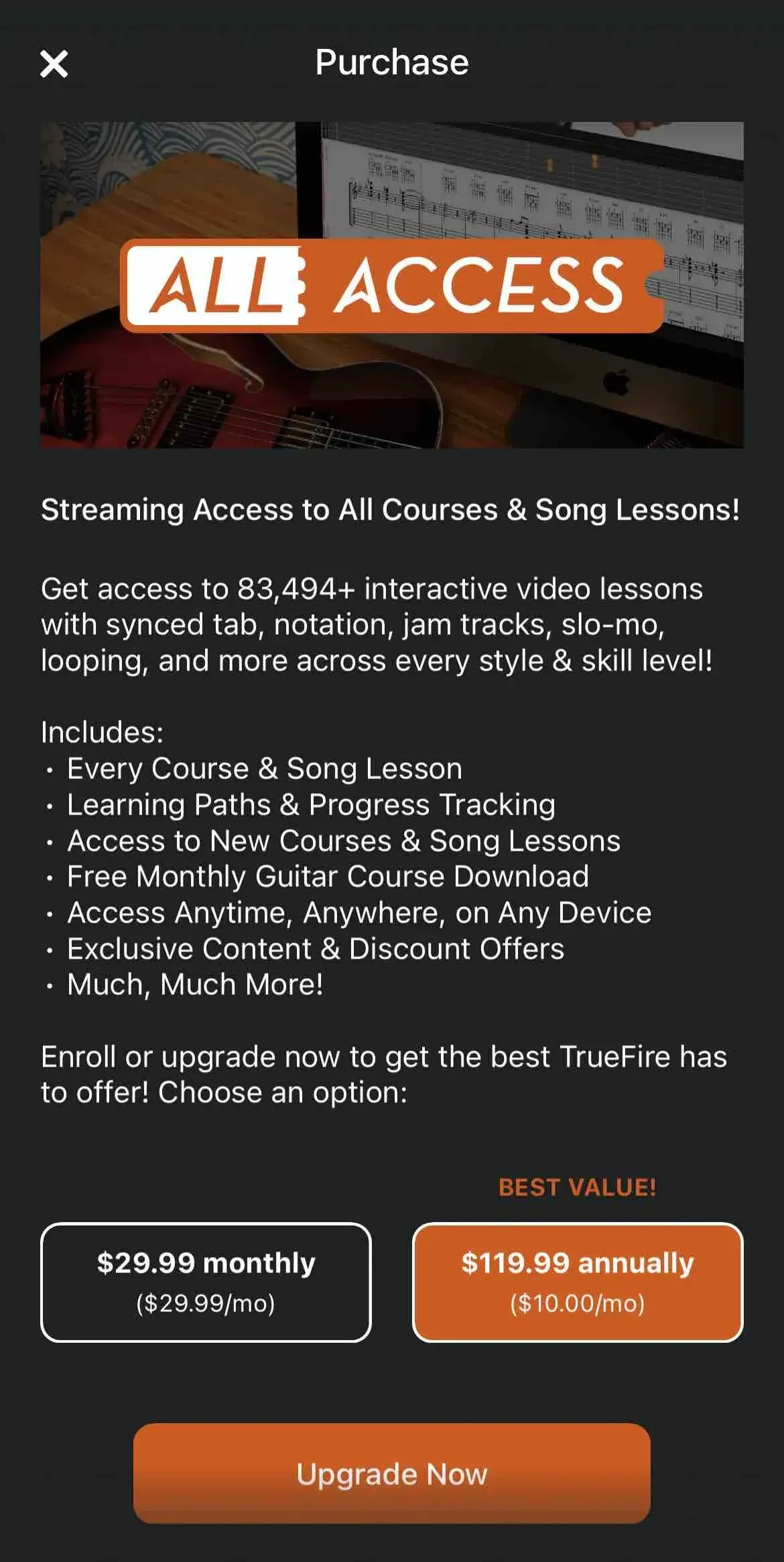 TrueFire Guitar Lessons paywall screen