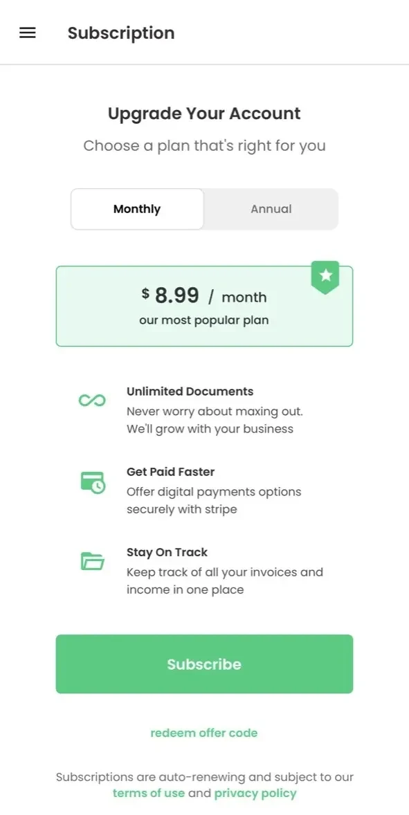 TrulySmall Business Invoices paywall screen