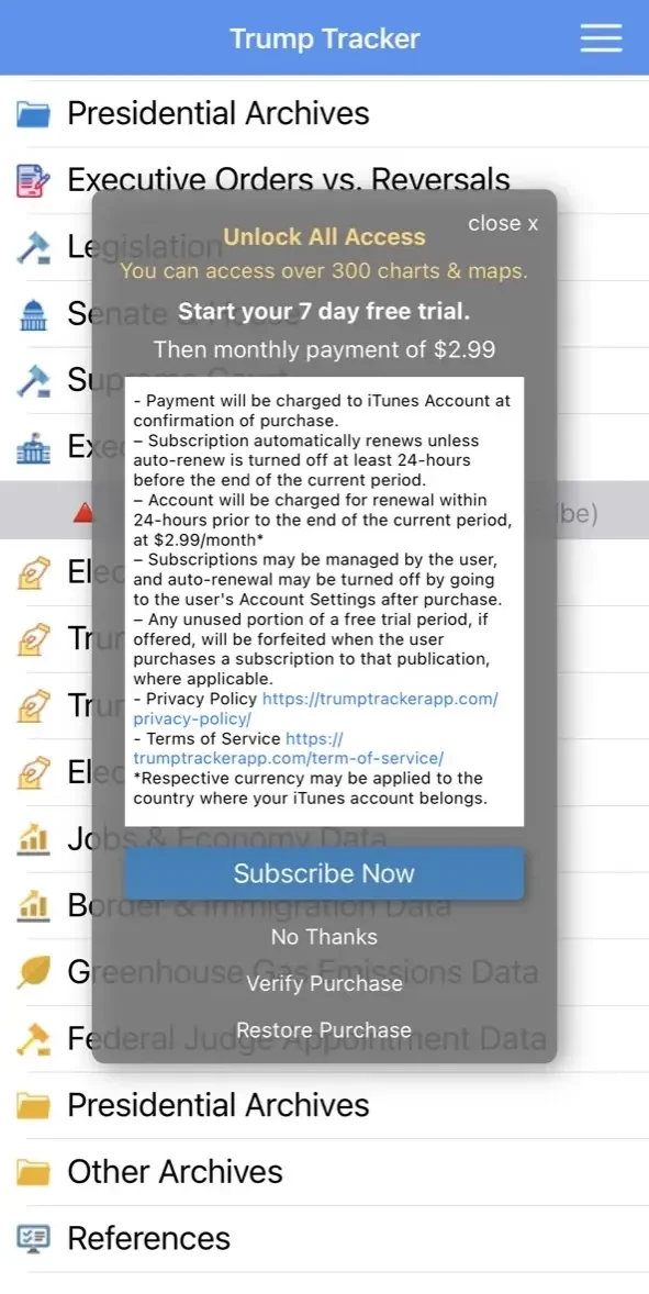 Trump Tracker paywall screen