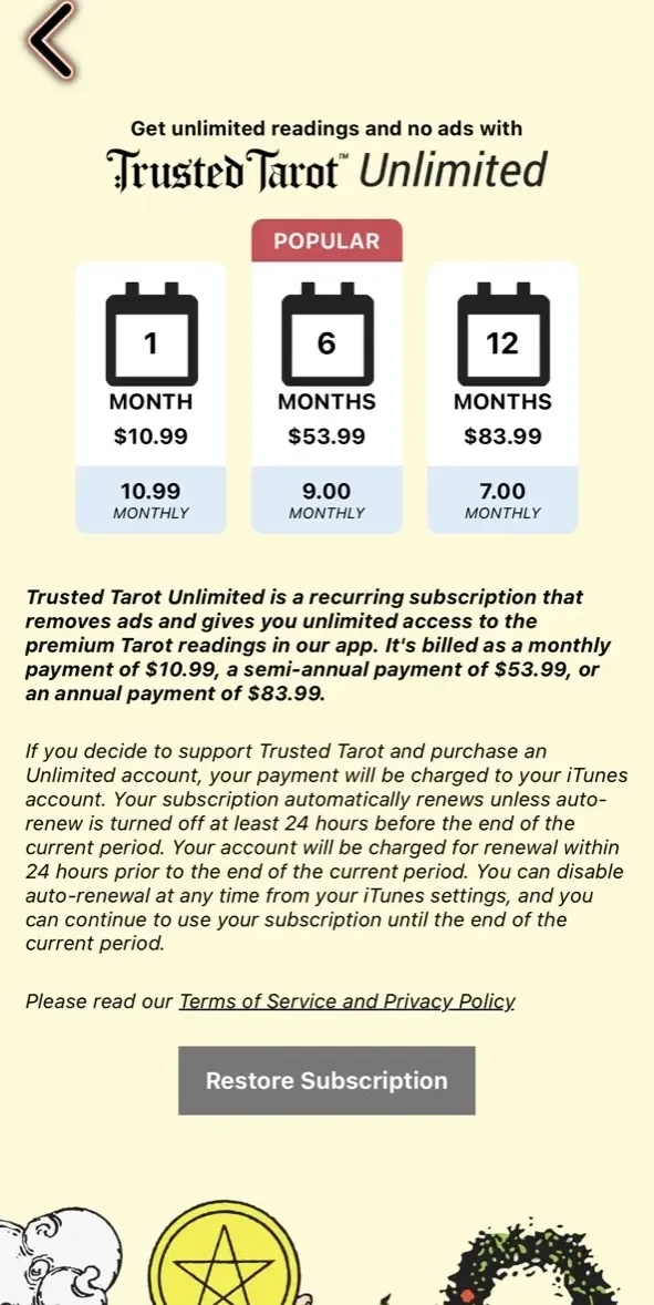 Trusted Tarot paywall screen