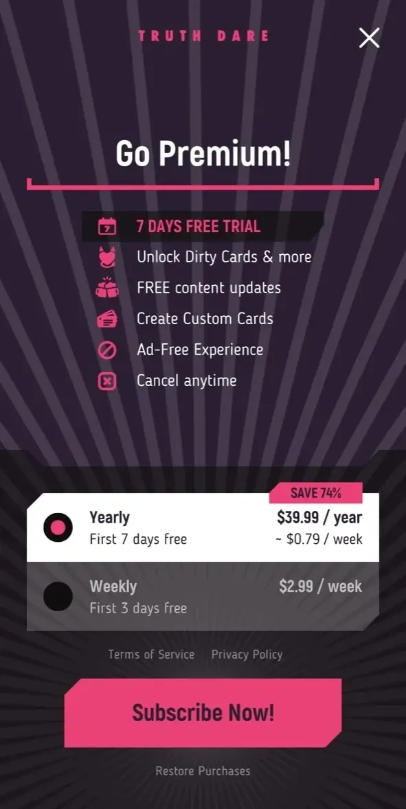 Truth or Dare? Best Party paywall screen
