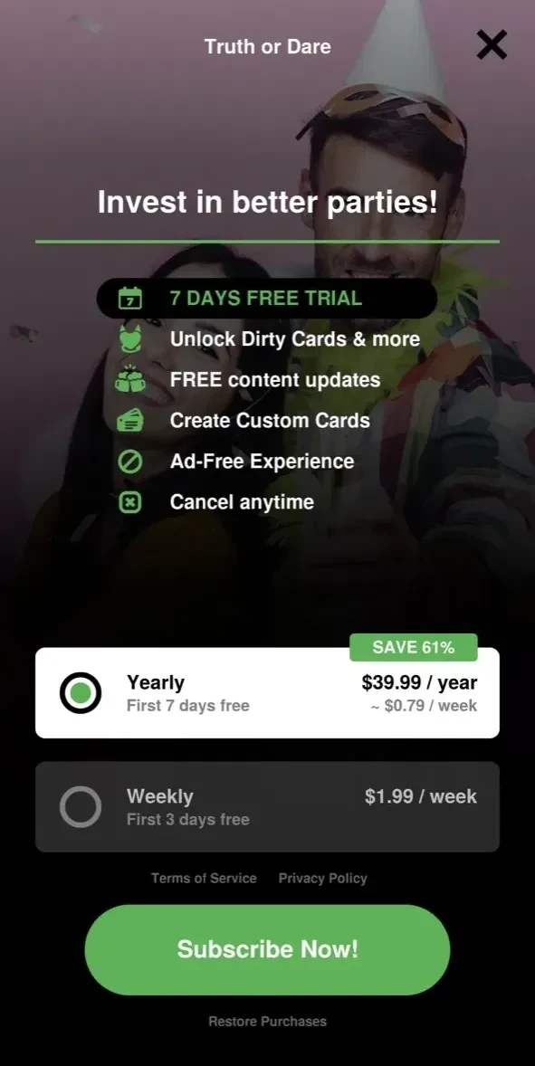 Truth or Dare Party Game paywall screen
