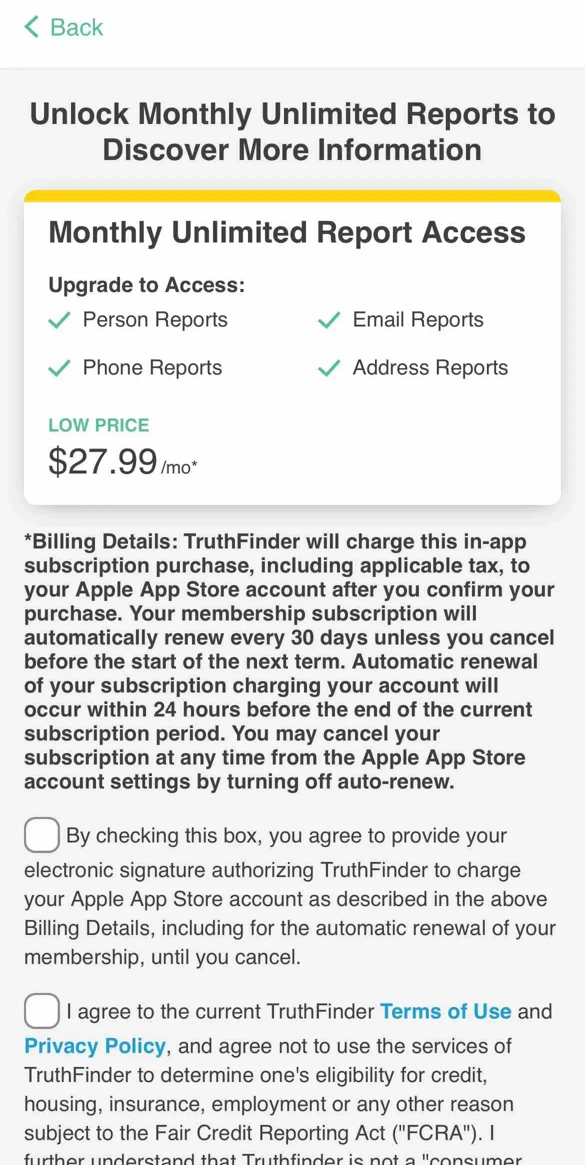 TruthFinder Search paywall screen