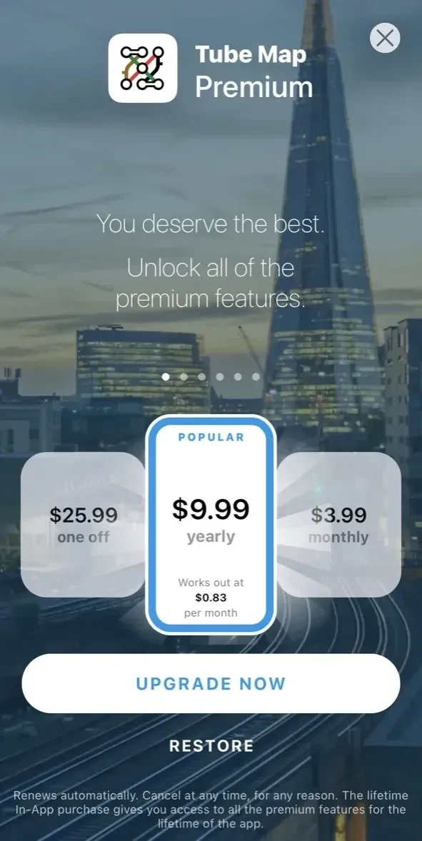 Tube Map paywall screen