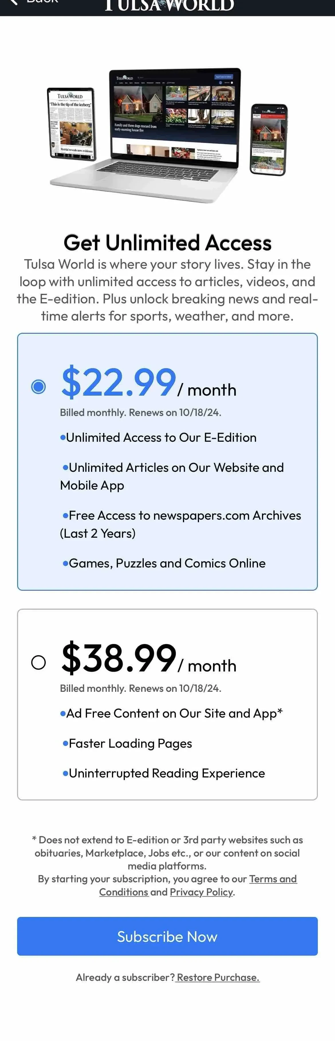 Tulsa paywall screen