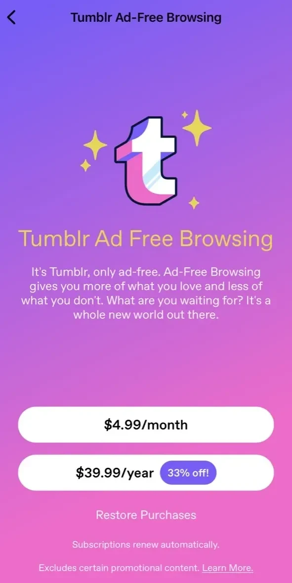 Tumblr paywall screen
