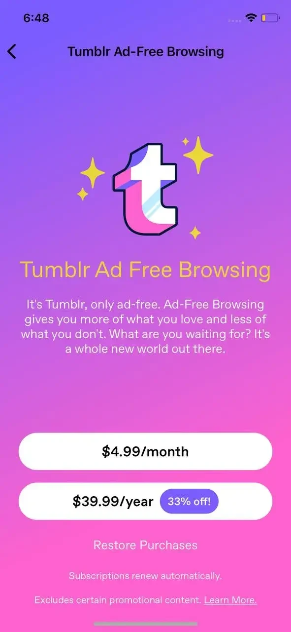 Tumblr paywall screen