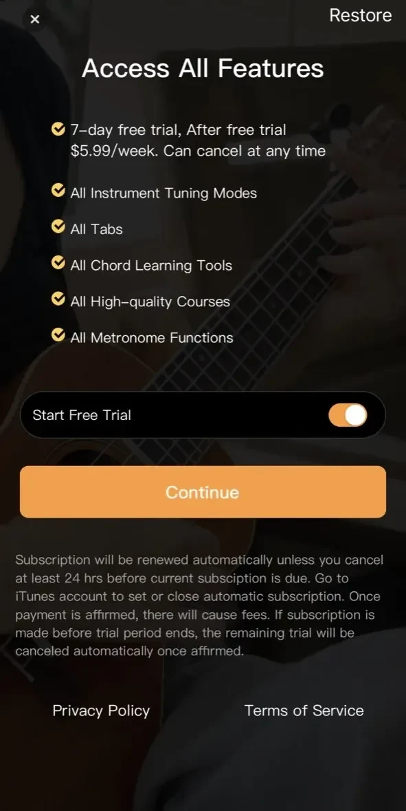 Tunefor Ukulele tuner paywall screen