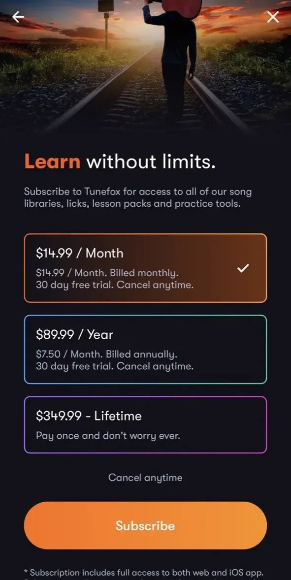 Tunefox paywall screen