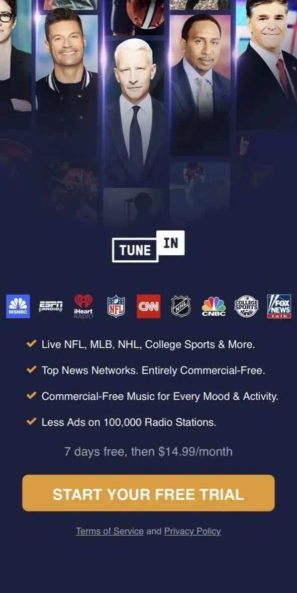 TuneIn Radio paywall screen