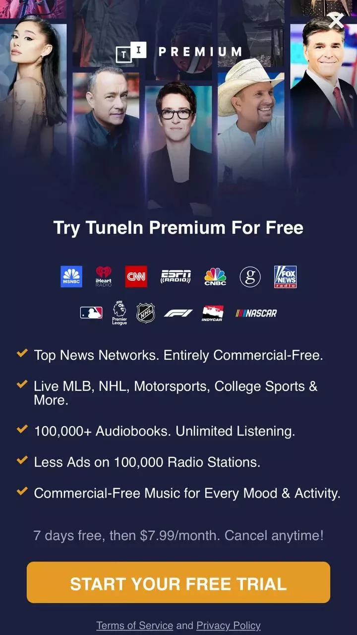 TuneIn Radio paywall screen