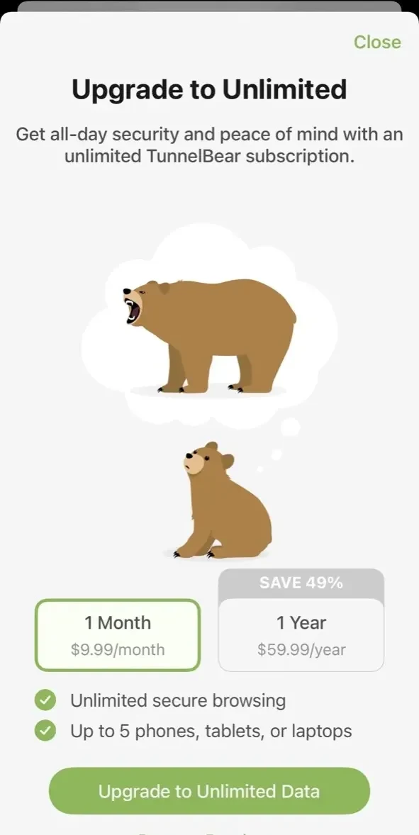 TunnelBear paywall screen