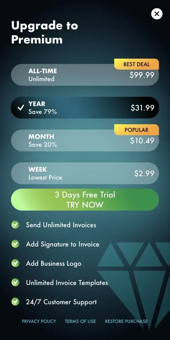 Best Invoice Maker App paywall screen