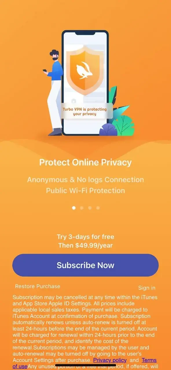 Turbo VPN Private Browser paywall screen