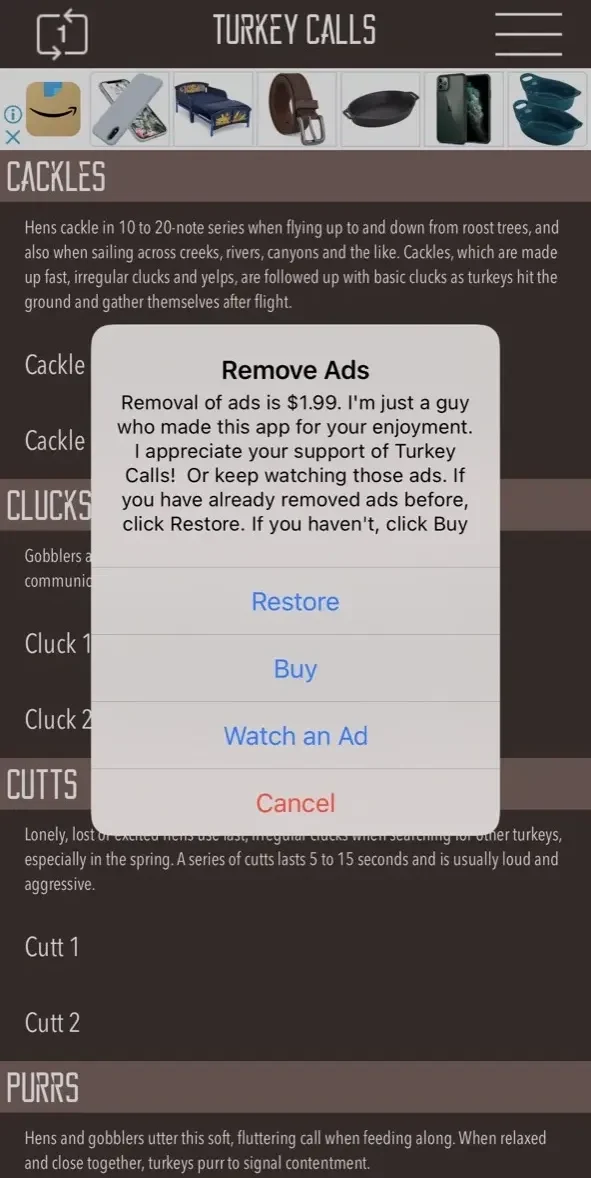 Turkey Calls paywall screen