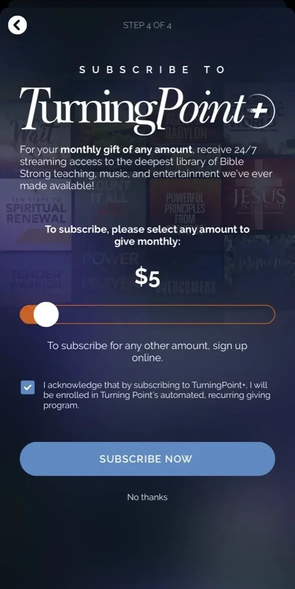 Turning Point Ministries paywall screen