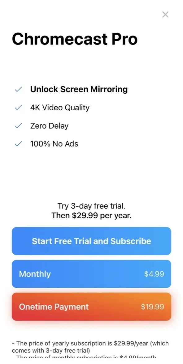 TV Cast for Chromecast paywall screen