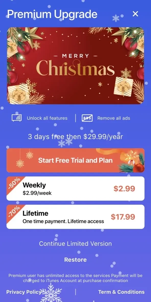 TV Cast paywall screen