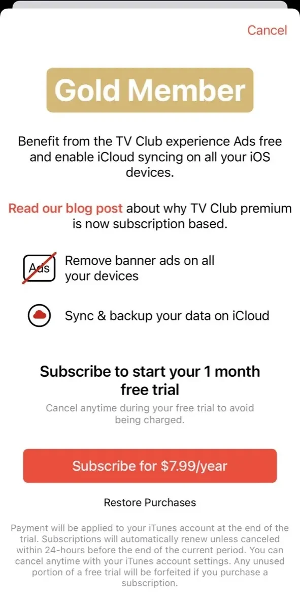 TV Club paywall screen