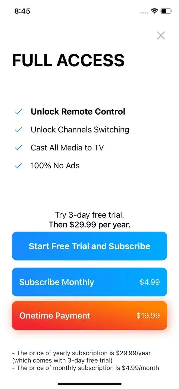 TV Remote paywall screen