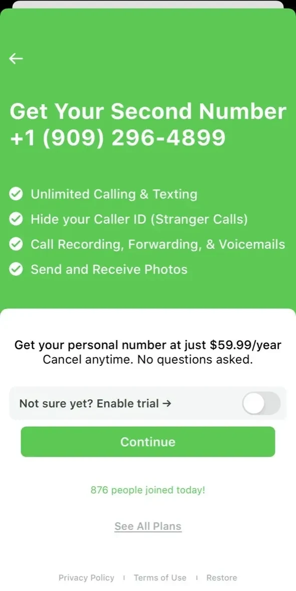 TXT App Phone Now paywall screen