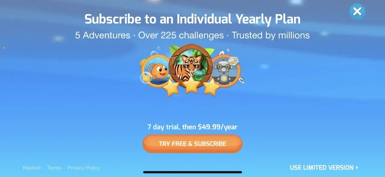 Tynker Junior paywall screen