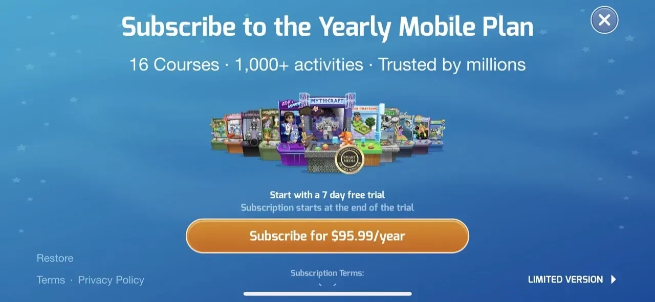 Tynker paywall screen