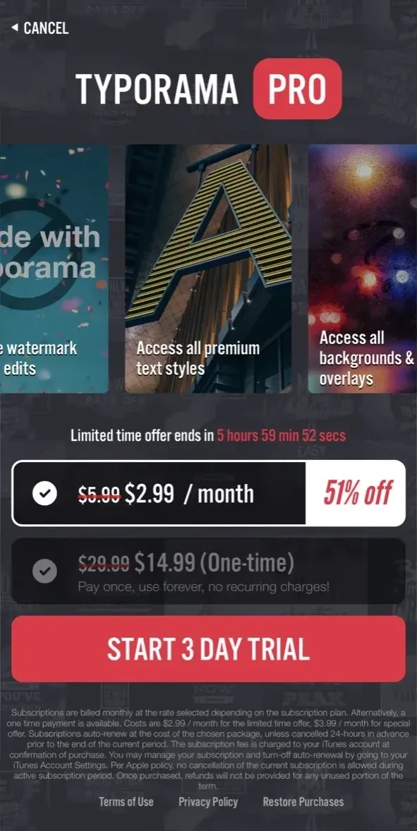 Typorama paywall screen