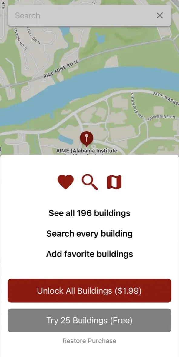 U of Alabama Campus Maps paywall screen