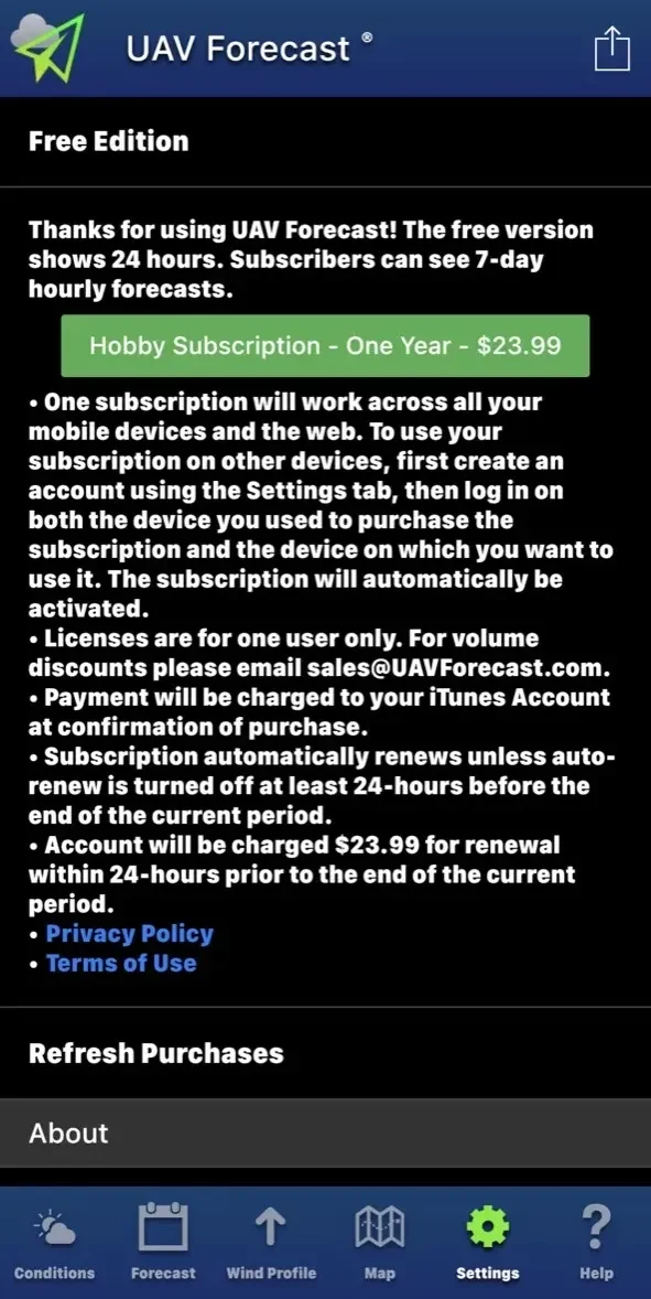 UAV Forecast paywall screen