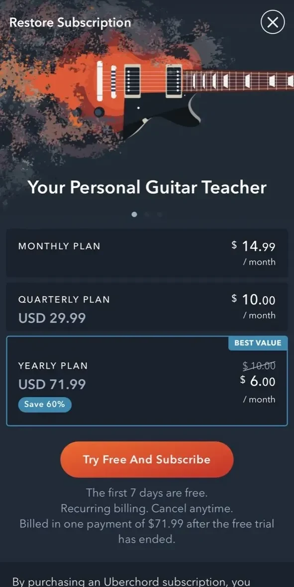 Uberchord paywall screen
