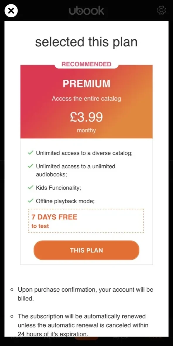 Ubook paywall screen
