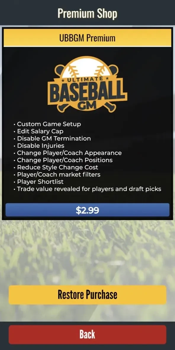 Ultimate Baseball GM 2024 paywall screen