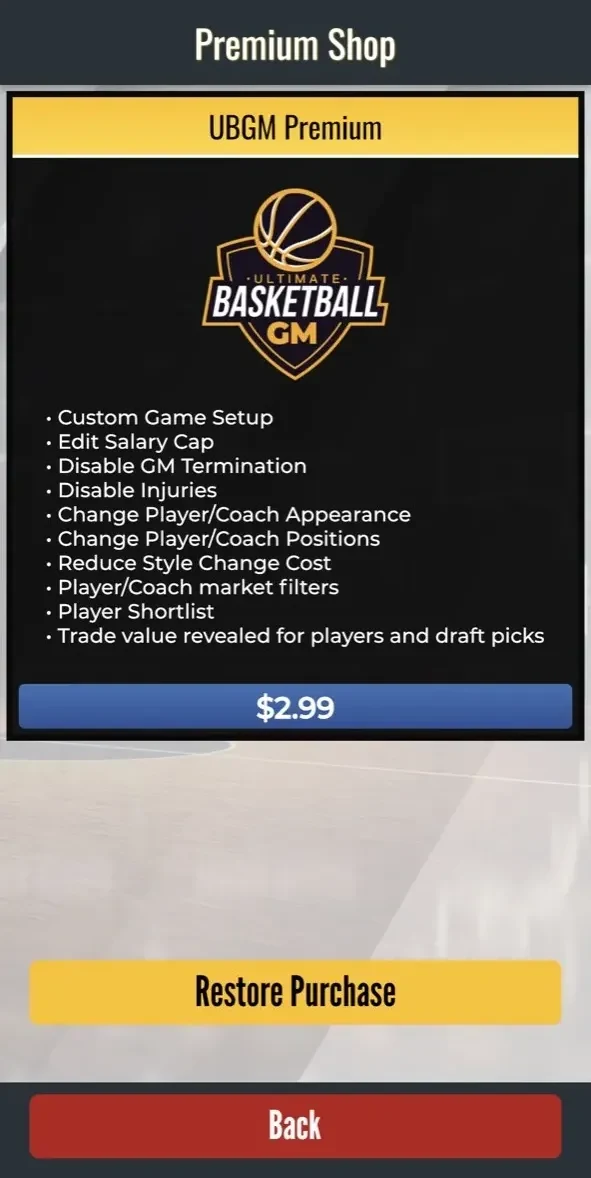 Ultimate Pro Basketball GM paywall screen