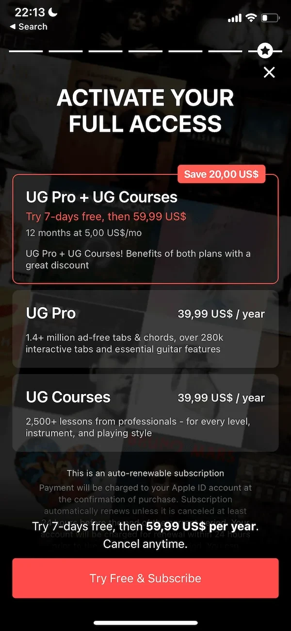 Ultimate Guitar paywall screen
