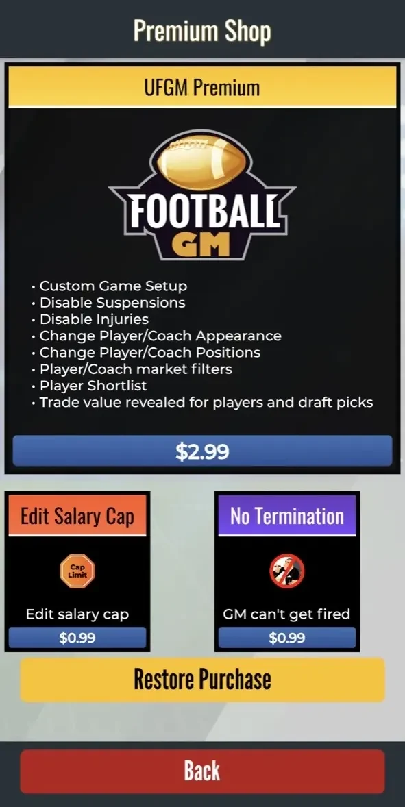 Ultimate Pro Football GM paywall screen