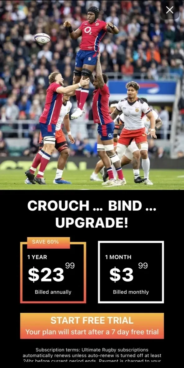 Ultimate Rugby paywall screen