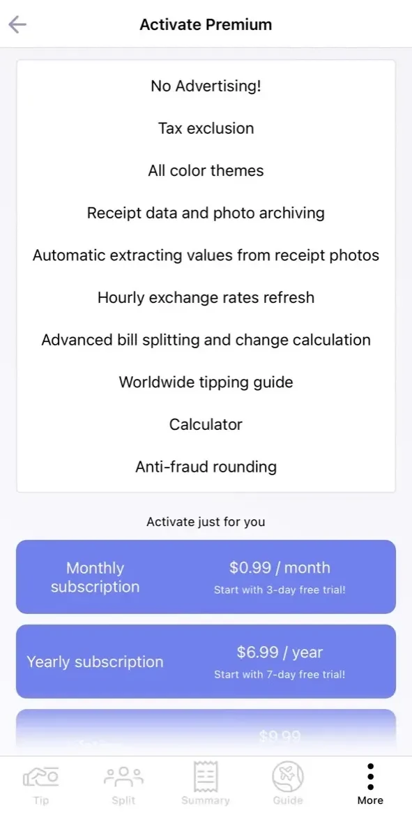 Ultimate Tip Calculator paywall screen