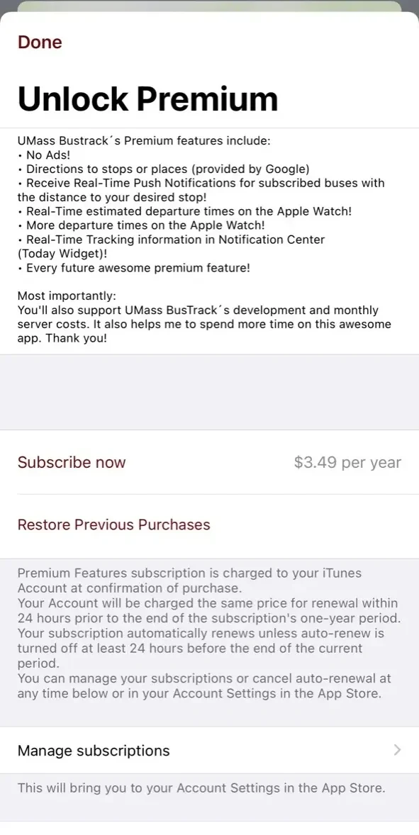 UMass BusTrack paywall screen