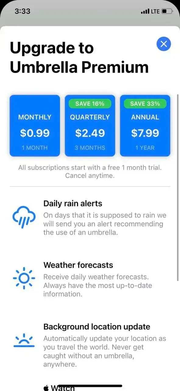 Umbrella paywall screen