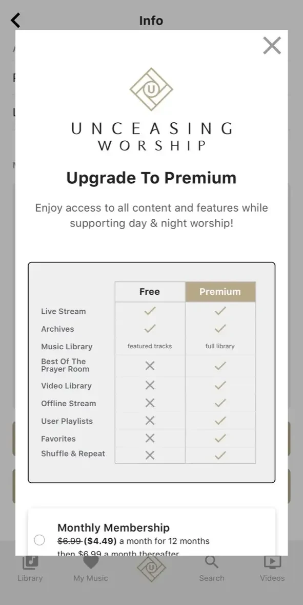 Unceasing Worship paywall screen