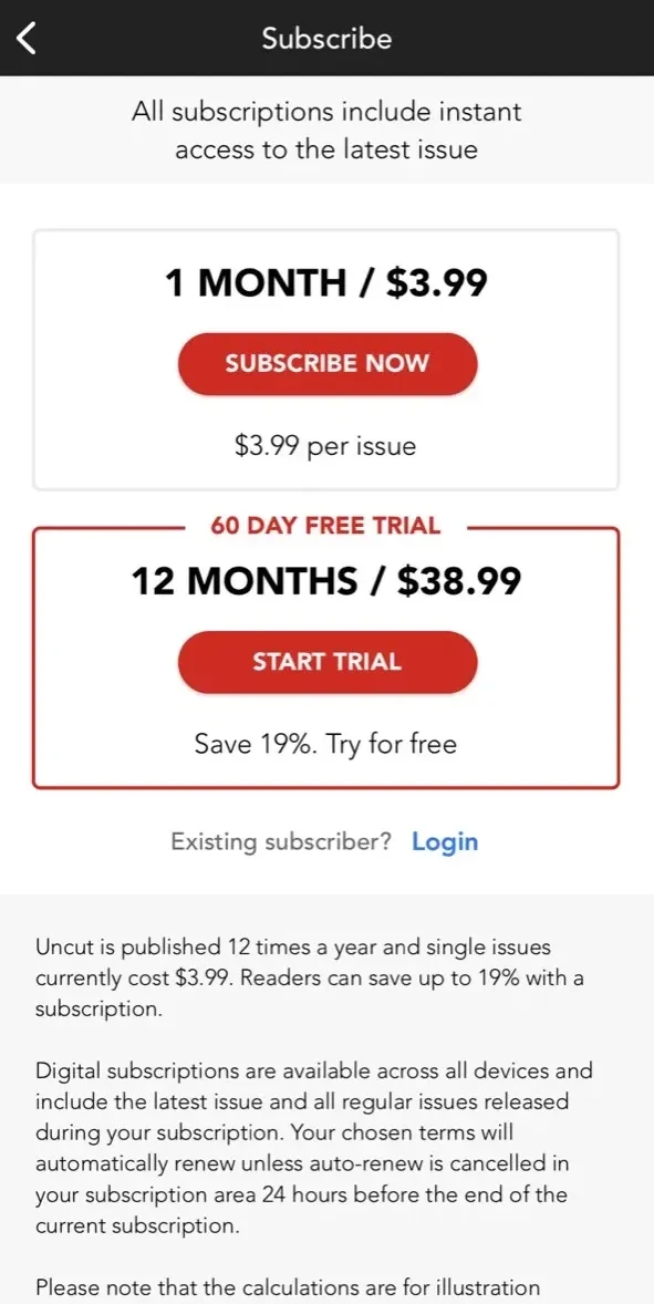 Uncut Magazine paywall screen