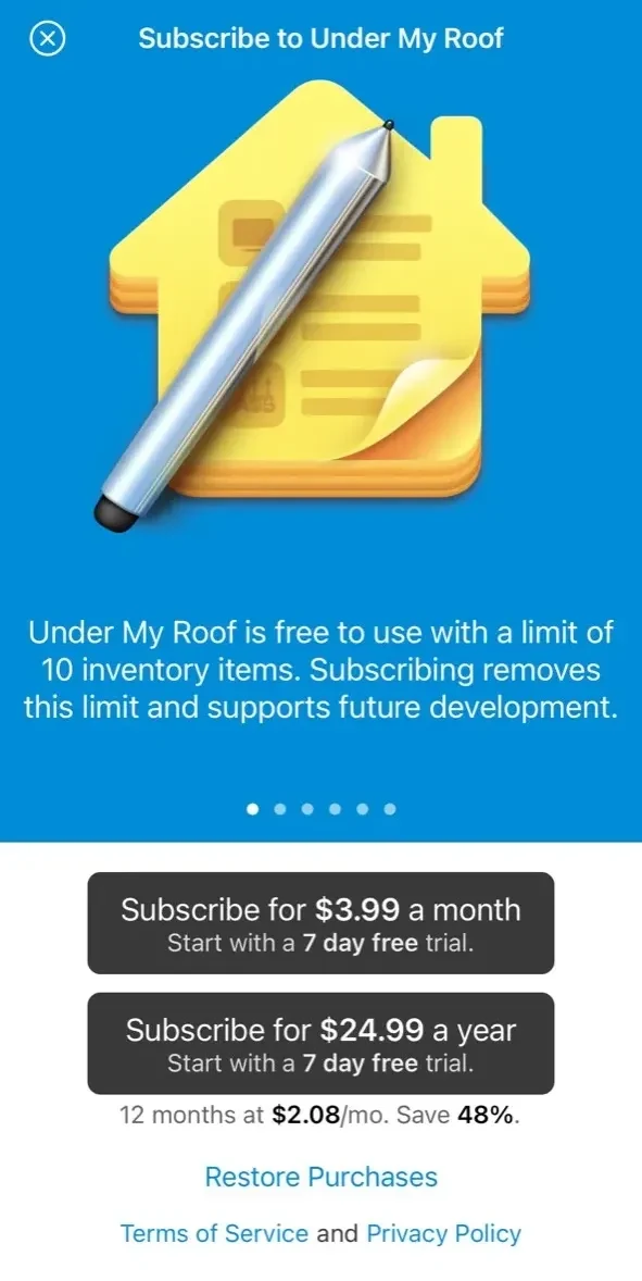 Under My Roof Home Inventory paywall screen