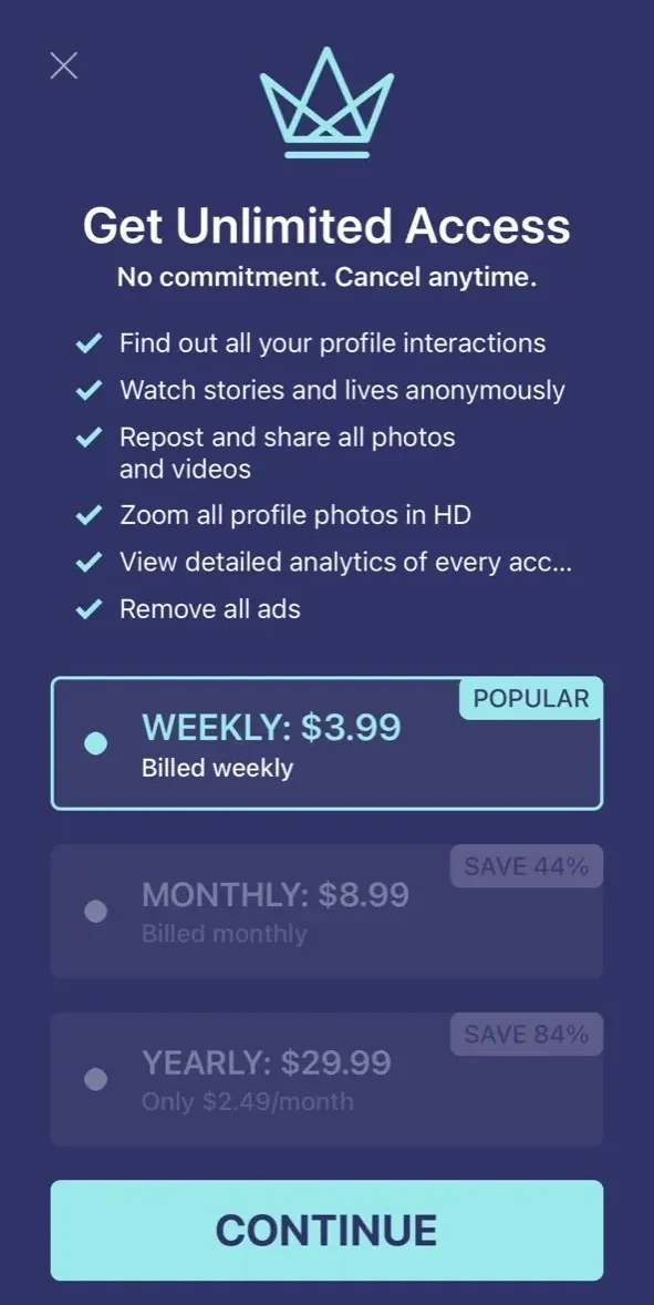 Reports+ Unfollowers Followers paywall screen