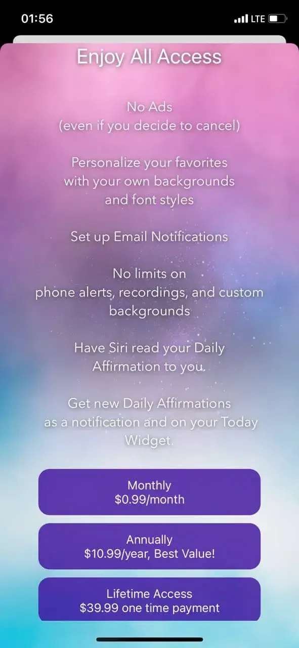 Unique Daily Affirmations paywall screen