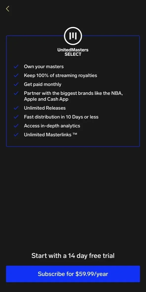 UnitedMasters paywall screen