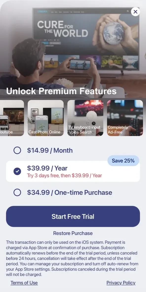 Universal Remote TV Controller paywall screen