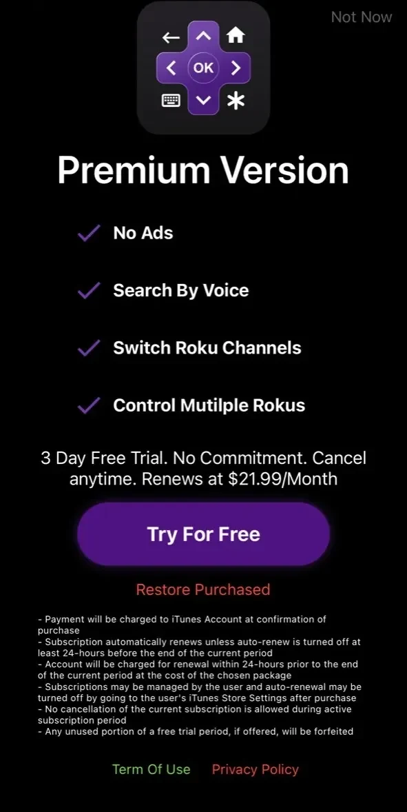 Universal Remote TV For Roku paywall screen