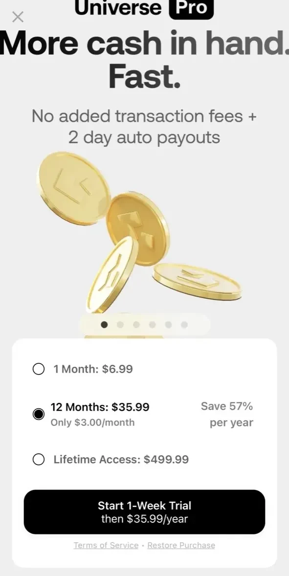 Universe paywall screen