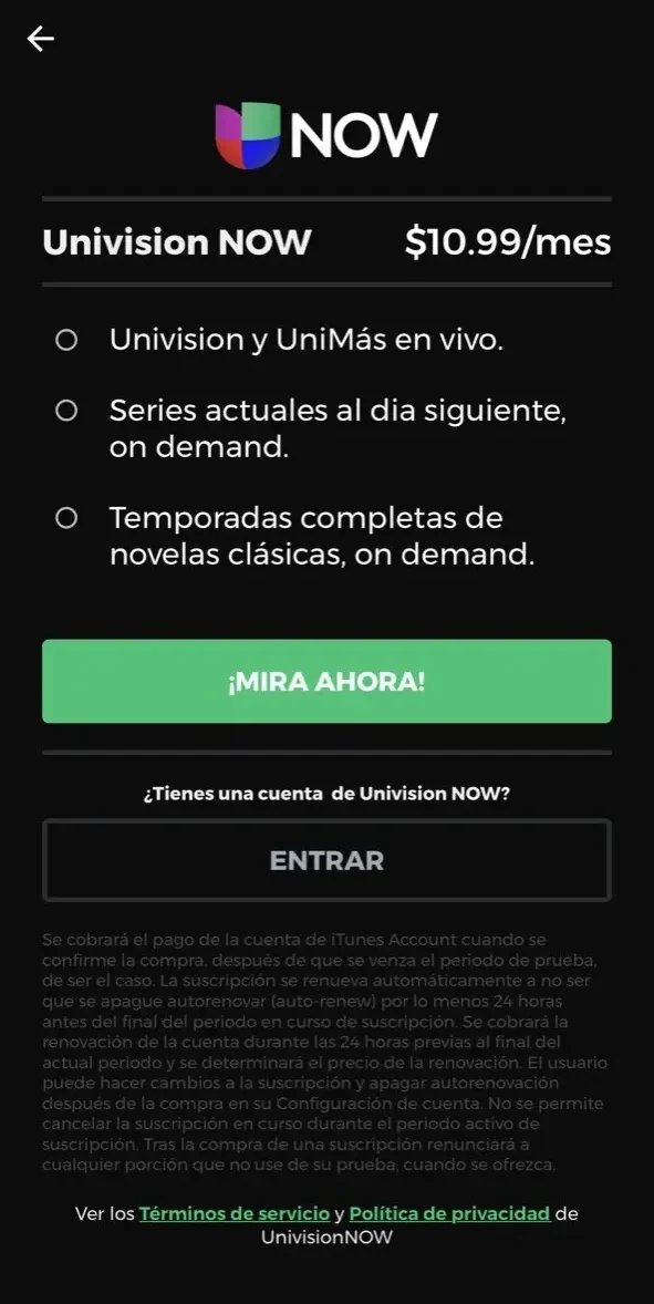 Univision Now paywall screen